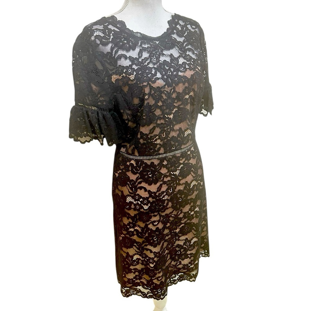 NWT Rebecca Taylor Black Lace Dress v back ruffle short sleeve size 8 - Picture 5 of 16